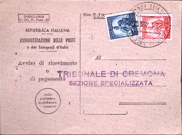 1949-Democratica. Lire 5 E 10 (555+559) Su Avviso Ricevimento - 1946-60: Marcophilia