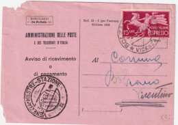 1948-Espresso Democratica Lire 15 (27) Isolato Su Avviso Ricevimento - 1946-60: Marcophilie