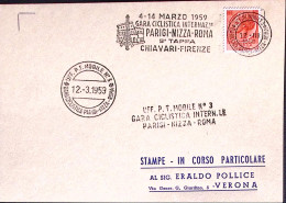 1959-GARA CICLISTICA INTERN./PARIGI-NIZZA-ROMA/9 TAPPA/ CHIAVARI-FIRENZE (12.3.5 - 1946-60: Marcophilie