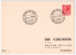 1956-VERONA 2 CONGRESSO U.I.S.P.T.T. (29.8) Annullo Speciale Su Cartolina - 1946-60: Marcofilie