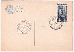 1953-RICCIONE V FIERA FRANCOBOLLO (25.8) Annullo Speciale Su Cartolina - 1946-60: Marcophilie