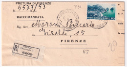 1954-TURISTICA Lire 60 Isolato Su Piego Raccomandato Firenze (8.6) - 1946-60: Marcophilia