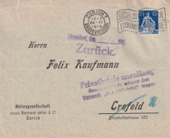 Briefvs  Zürich - Crefeld  (Zurück - Privatbriefe Unzulässig)        1919 - Covers & Documents