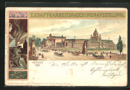 Lithographie München, II. Kraft- Und Arbeitsmaschinen-Ausstellung 1898, Ausstellungshalle Mit Pferdekutschen  - Expositions