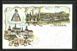 Lithographie Pribram, Kloster Heiliger Berg, Ortsansicht  - Tchéquie