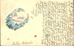 13810611 - AK Von 1913 Mit Aufgeklebter Oblate Taube Im Blumenkranz, Handgeritzt - Sonstige & Ohne Zuordnung