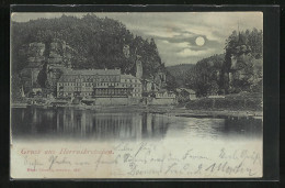 Mondschein-AK Herrnskretschen / Hrensko, Blick über Das Wasser Zum Ort  - Tsjechië