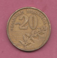 Greece, 1990- 20 Drachmes- Copper-aluminium-nickel- Obverse Value Accompanied By An Olive Branch. Reverse Bust Of Dionys - Grèce