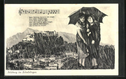 AK Salzburg, Gesamtansicht Im Schnürlregen, Lied In Text- Und Notenzeilen, Frauen Unter Einem Regenschirm  - Sonstige & Ohne Zuordnung