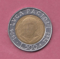Italia, 1998- 500 Lire  Luca Pacioli- Circulating Commemorative Coin- Bimetallic Bronzital Center In Acmonital Ring - 500 Liras