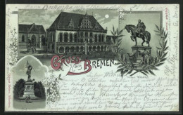 Mondschein-Lithographie Bremen, Rathaus, Kriegerdenkmal, Denkmal Wilhelm I.  - Bremen