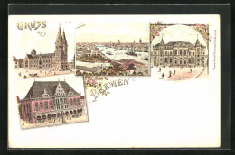 Lithographie Bremen, Dom, Rathaus, Börse, Panorama  - Bremen