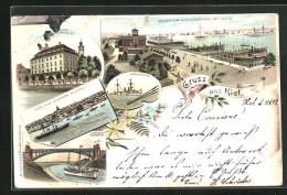 Lithographie Kiel, Seegarten-Schlossbrücke Mit Hafen, Schloss, Lewensauer Hochbrücke  - Kiel