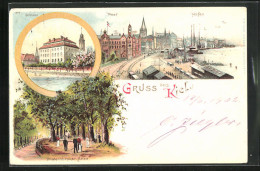 Lithographie Kiel, Schloss, Post Und Hafen, Düsternbroker-Allee  - Kiel