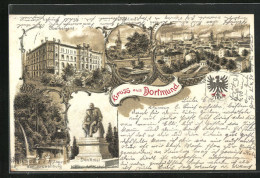 Lithographie Dortmund, Oberbergamt, Vehmlinde, Denkmal Kaiser Wilhelm I., Teilansicht, Wappen  - Dortmund