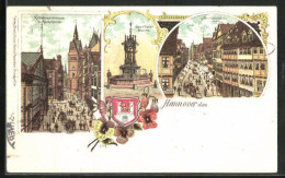 Lithographie Hannover, Kobelingerstrasse Mit Marktkirche, Oscar Winter-Brunnen, Marktstrasse  - Hannover