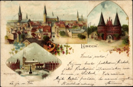 Lithographie Hansestadt Lübeck, Holstentor, Marktplatz, Rathaus, Panorama, Kirchen - Autres & Non Classés