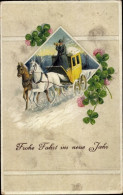 CPA Glückwunsch Neujahr, Postkutsche Im Winter, Kleeblätter - New Year