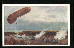 Künstler-AK Hans Rudolf Schulze: Fesselballon Beobachtet Artilleriewirkung  - Montgolfières