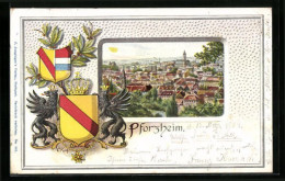 Passepartout-Lithographie Pforzheim, Blick über Die Stadt, Wappen  - Autres & Non Classés