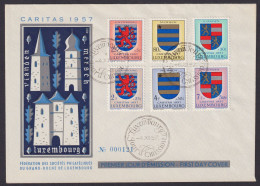 Luxemburg Brief 575-580 Cartitas Wappen Ausgabe 1957 Als Luxus FDC KatWert 20,00 - Brieven En Documenten