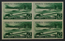 1938, SPANIEN 722 PU Viererblock U-Boot 2 Ptas. UNGEZÄHNTER Probedruck In Grün - Unused Stamps