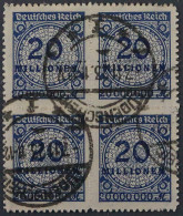 Dt. Reich 319 B, 20 Mio. DURCHSTICH, VIERERBLOCK Gestempelt, Geprüft KW 1600,- € - Used Stamps