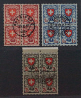 SCHWEIZ VIERERBLOCKS (SBK 164-66z), Geriffeltes Papier, ZentrumStempel, 775,-SFr - Oblitérés