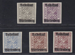 Württemberg  258-69 PU **  Volksstaat Ungezähnt, 5 Werte Komplett, KW 300,- € - Mint