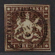 1857, WÜRTTEMBERG 6 D, 1 Kr. Tiefdunkelbraun, Sauber Gestempelt, Geprüft 800,-€ - Gebraucht