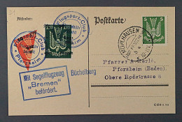 Flugmarke 14 A, Büchelberg 5 Mk. HALBIERUNG+FEHLDRUCK Auf Karte *BREMEN*, SELTEN - Notausgaben Britische Zone