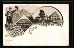 Lithographie Hohen Peissenberg, Strassenpartie Mit Kirche, Blick Zur Zugspitze  - Zugspitze