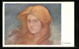 Künstler-AK Sign.: M. Ichnowski, Portrait Einer Jungen Dame Mit Roten Haaren  - Autres & Non Classés