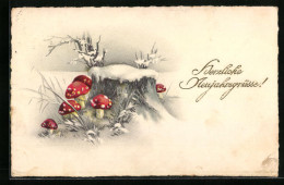 Lithographie Neujahrsgrüsse, Fliegenpilze In Verschneiter Winterlandschaft  - Other & Unclassified
