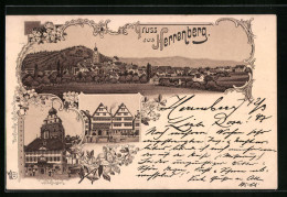 Lithographie Herrenberg, Gasthof Zur Post, Rathaus Mit Kirche Und Schlossberg  - Herrenberg