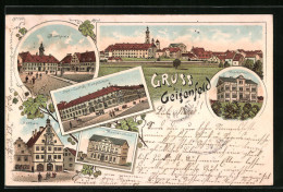 Lithographie Geisenfeld, Post Und Gasthof Fuchsbüchler, Krankenhaus, Knabenschule, Marktplatz  - Geisenfeld