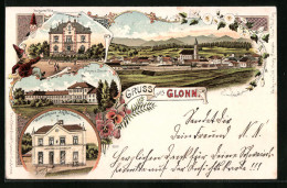 Lithographie Glonn, Warenhaus Birmelin, Schloss Zinneberg, Postgarten-Villa  - Glonn