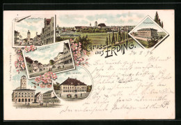 Vorläufer-Lithographie Erding, 1894, Totalansicht, Karnkenhaus, Schrannenplatz, Bezirksamt, Lange Zeile  - Erding