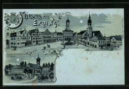 Mondschein-AK Erding, Marktplatz, Wappen, Heiligblut  - Erding