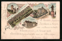 Lithographie Bretten, Rathaus & Melanchton-Geburtshaus, Villa Schmidt, Totalansicht  - Bretten