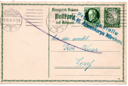 64392 - Altdeutschland / Bayern - 1914 - 5Pfg Wappen GAAntwKte (Frageteil) M ZusFrank NUERNBERG -> Schweiz, M ZensStpl - Lettres & Documents