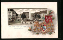 Passepartout-Lithographie Regensburg, Strassenpartie Am Bismarckplatz, Wappen  - Autres & Non Classés