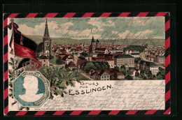 Passepartout-Lithographie Esslingen, Gesamtansicht Mit Portrait Von Wilhelm II. König Von Württemberg, Wappen  - Autres & Non Classés