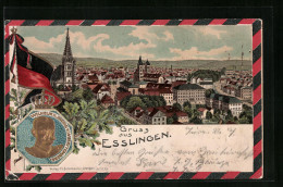 Passepartout-Lithographie Esslingen, Gesamtansicht Mit Portrait Von Wilhelm II. König Von Württemberg, Wappen  - Autres & Non Classés