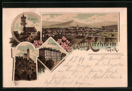 Lithographie Kirchheim /Teck, Teckturm, Schulhaus, Totalansicht  - Kirchheim