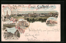 Lithographie Simbach /Inn, Pfarrkirche, Portal Der Innbrücke, Hauptstrasse, Bahnhof, Totalansicht  - Simbach