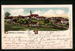 Lithographie Landau A. Isar, Teilansicht Mit Kirche  - Landau