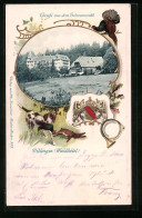 Passepartout-Lithographie Villingen /Schwarzwald, Blick Zum Waldhotel, Wappen Und Jagdhund  - Autres & Non Classés