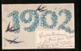Lithographie Glückwünsche Zum Neujahr 1902 Mit Vergissmeinnicht Und Schwalben  - Autres & Non Classés