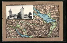 Relief-AK Lindau /Bodensee, Diebsturm Mit Peterskirche, Reliefkarte Bodensee Und Zürichersee  - Autres & Non Classés